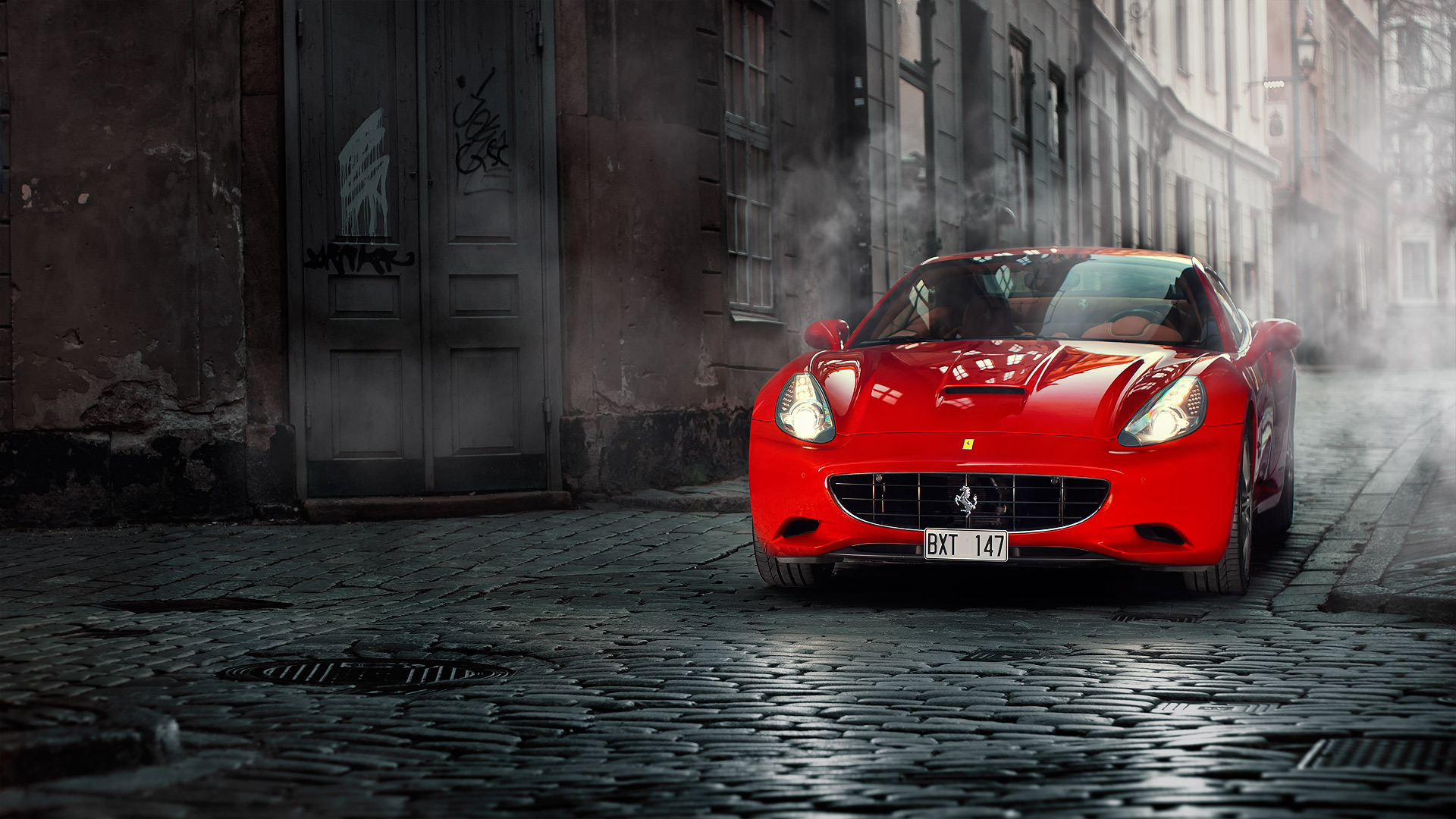 ferrari, California, Selective, Color, Black, White, Vehicles, Cars, Auto, Supercar, Red, Contrast, Wet, Rain, Roads, Stones, Architecture, Buildings, Fog, Smokehaze Wallpaper