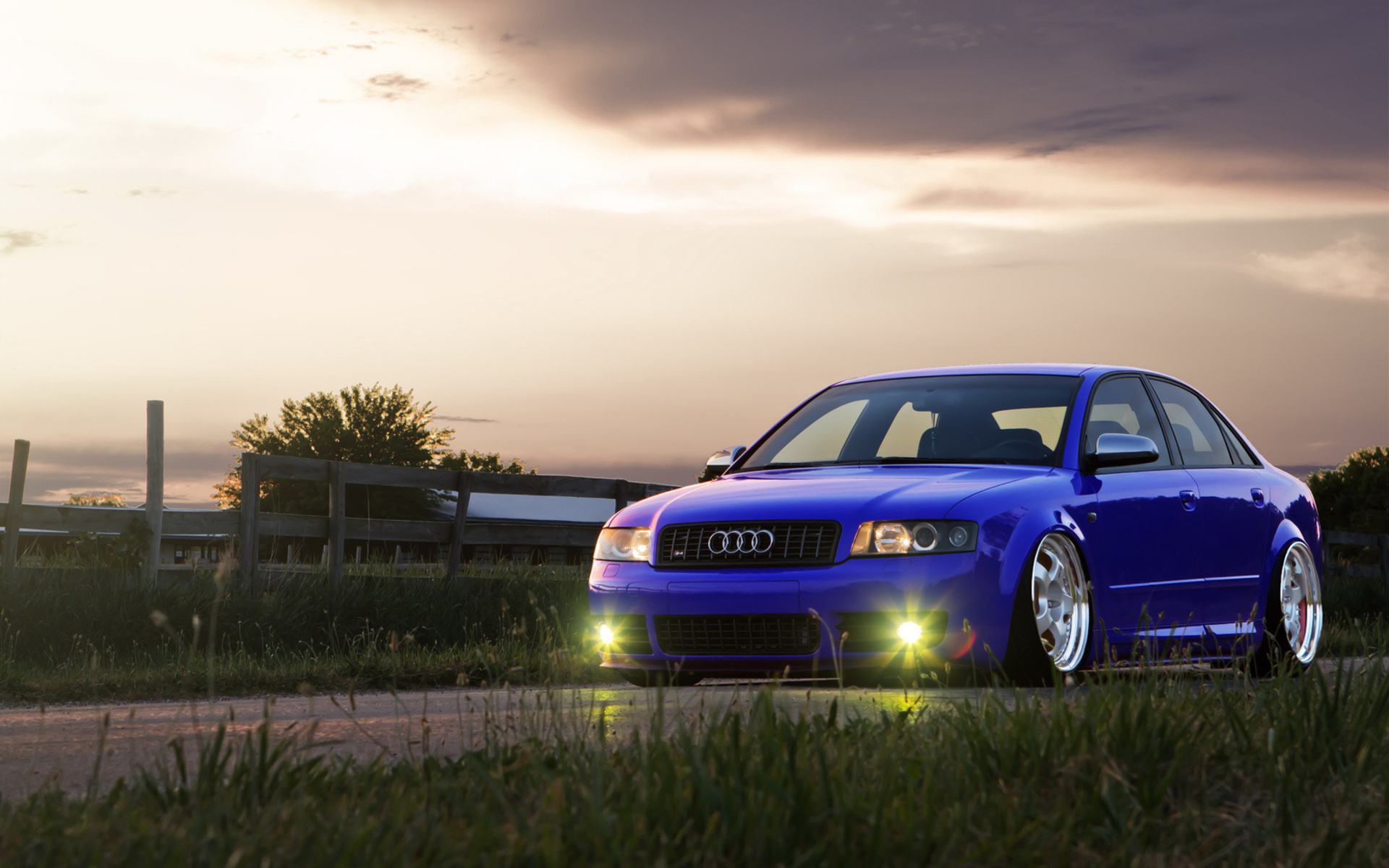 audi, Vehicles, Cars, Stance, Tuning, Low, Wheels, Lights, Roads, Sky, Clouds, Grass Wallpaper