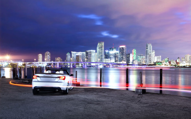 vehicles, Cars, Auto, Chrysler, 200, Timelapse, Lapse, Lights, Streak, Motion, Roads, Water, Harbor, World, Bay, Ocean, Sea, Lakes, Cities, Architecture, Buildings, Skyscrapers, Night, Sky, Clouds, Scenic, Bright HD Wallpaper Desktop Background