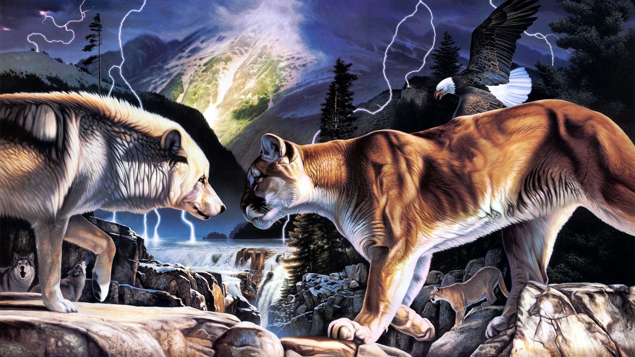 daniel, Renn, Pierce, Nature, Art, Artistic, Paintings, Color, Detail, Animals, Predator, Wildlife, Wolf, Wolves, Cougar, Mountain, Lion, Lightning, Storm, Rivers, Waterfall Wallpaper