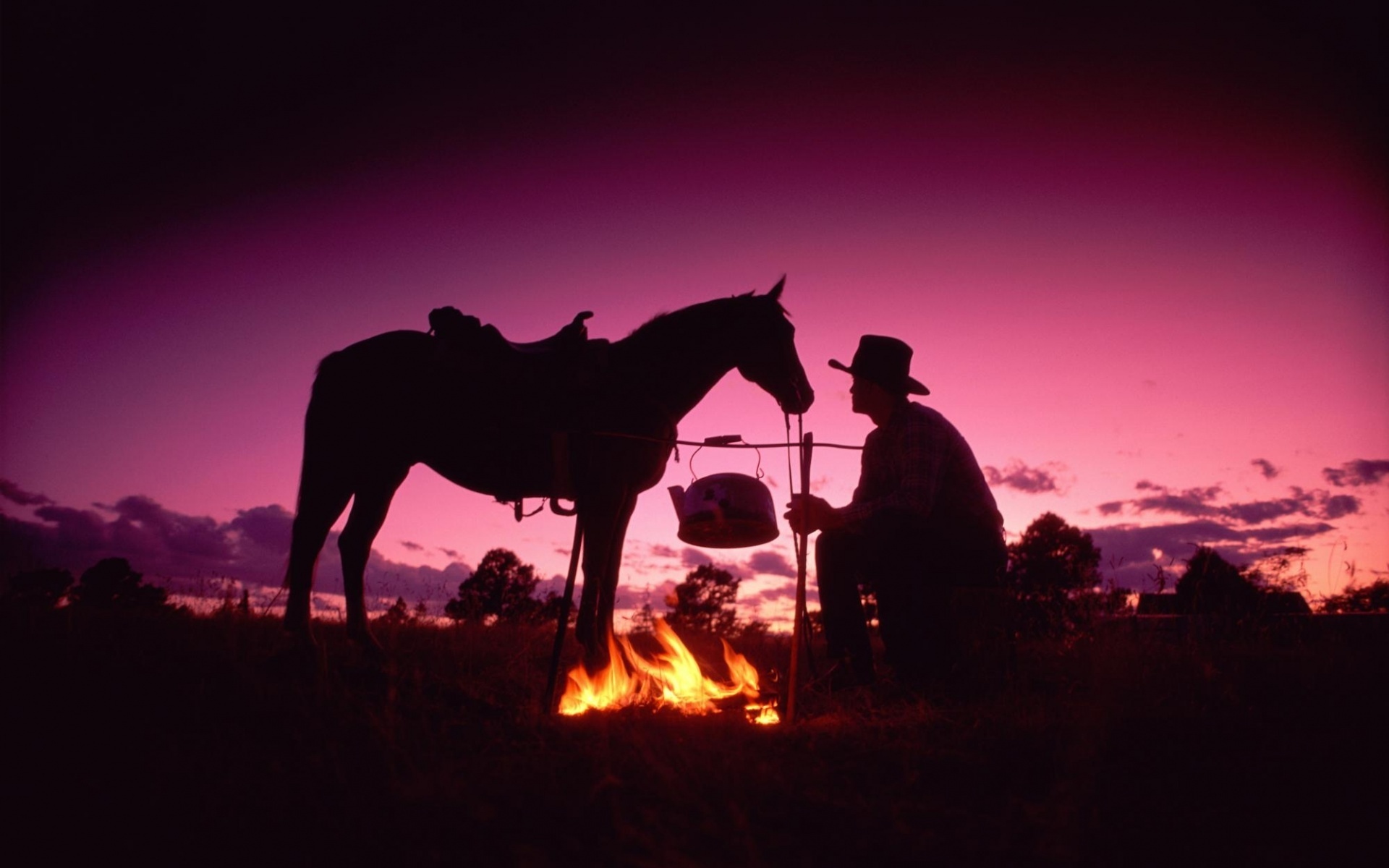 horses, Cowboy, People, Sunset, Fire Wallpaper