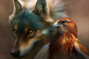 art, Painting, Wolf, Birds, Dogs, Hawk