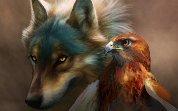 art, Painting, Wolf, Birds, Dogs, Hawk HD Wallpaper Desktop Background