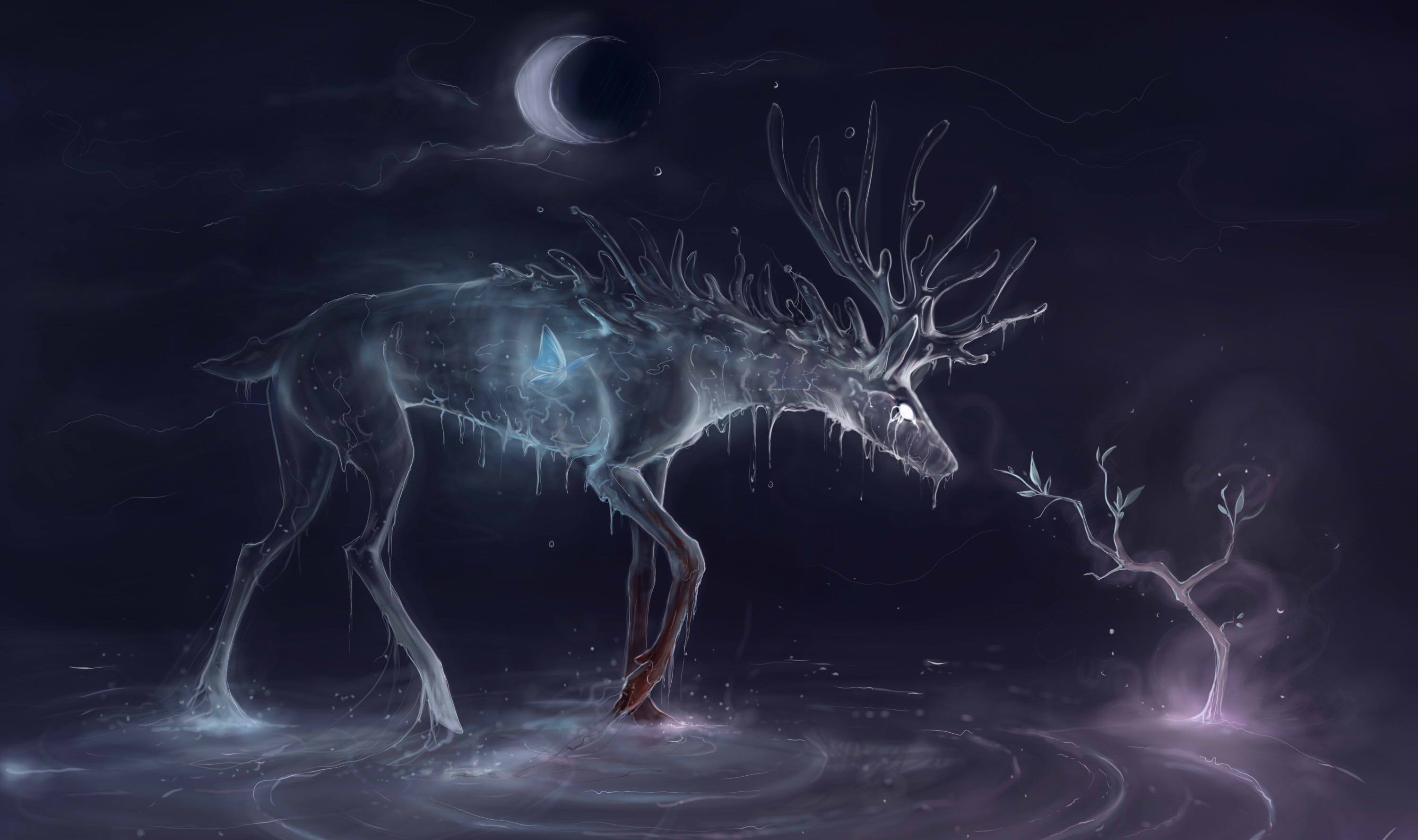 animal,  , Artistic, Moon, 3d, Winter, Fantasy Wallpaper