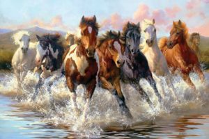 art, Horses, Group, Animal, Water, Mountain