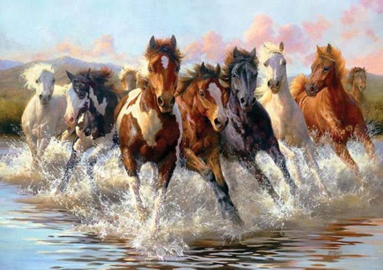 art, Horses, Group, Animal, Water, Mountain HD Wallpaper Desktop Background