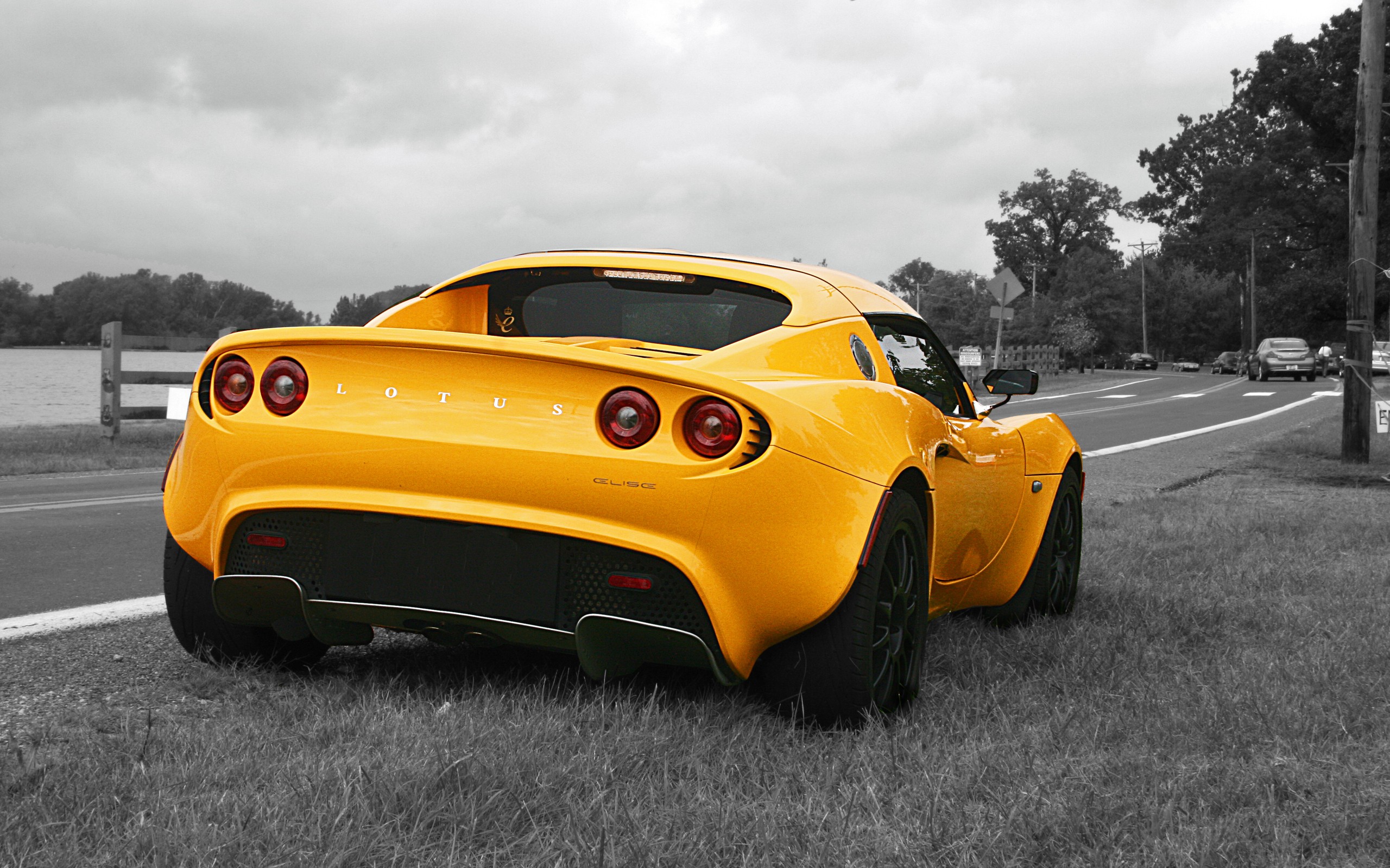 trees, Streets, Fences, Yellow, Cars, Grass, Vehicles, Lotus, Elise, Selective, Coloring, Lotus, Yellow, Cars Wallpaper