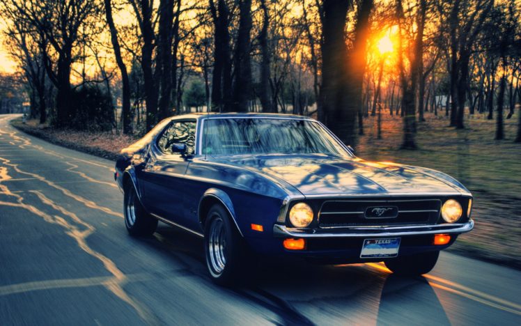 sunset, Sunrise, Trees, Ford, Roads, Ford, Mustang, Driving, Old, Cars, Feeling HD Wallpaper Desktop Background