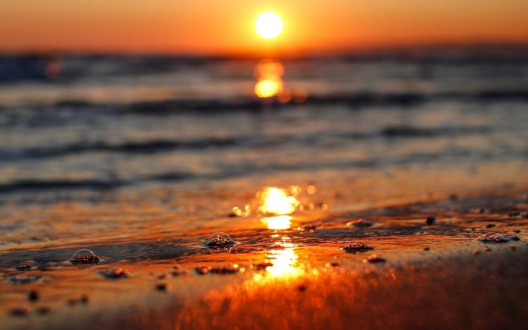 sunset, Nature, Water, Wave, Bokeh, Sun, River, Sea HD Wallpaper Desktop Background