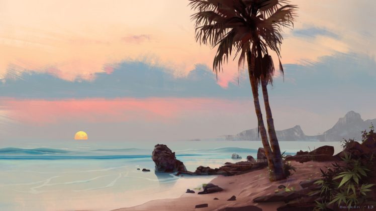 sea, Sunset, Stones, Art, Palm HD Wallpaper Desktop Background