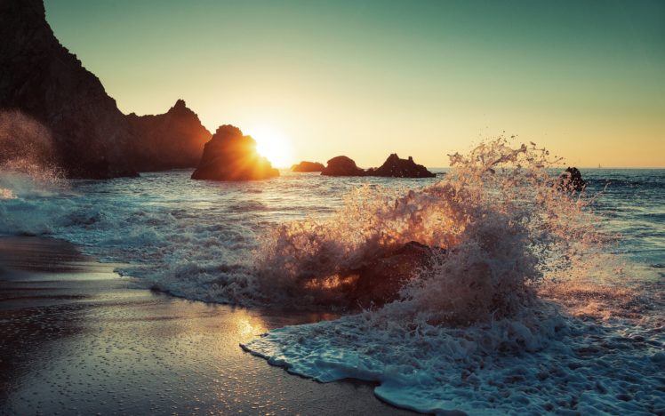 sun, Sea, Beach, Waves, Splashes HD Wallpaper Desktop Background