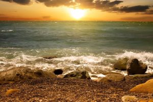 rocks, Sea, Waves, Sun, West, Nature