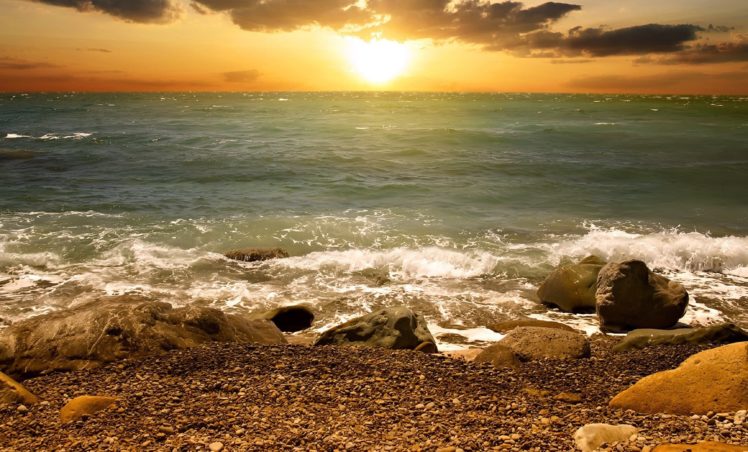 rocks, Sea, Waves, Sun, West, Nature HD Wallpaper Desktop Background