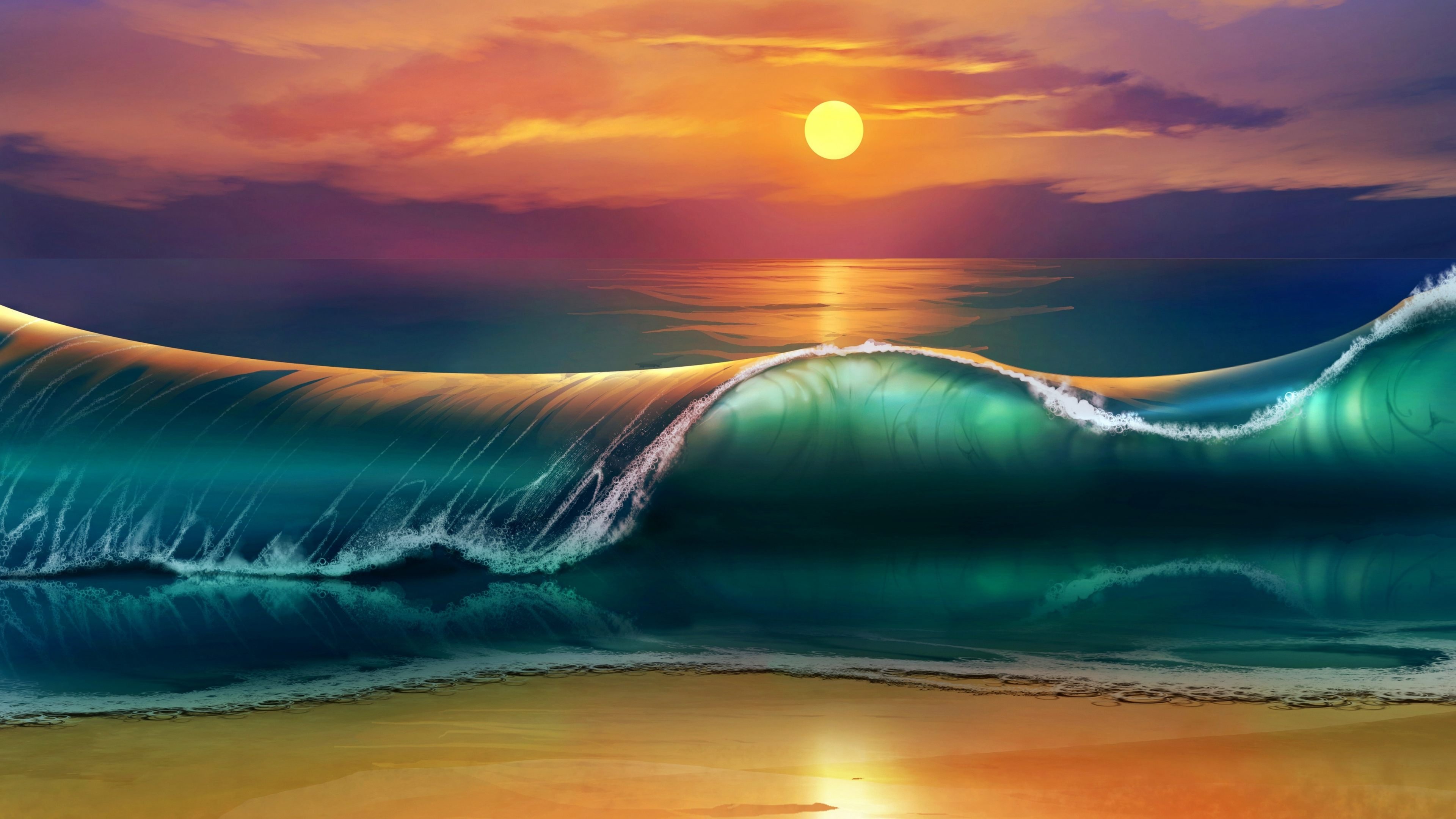 sea, Waves, Sunse Wallpaper