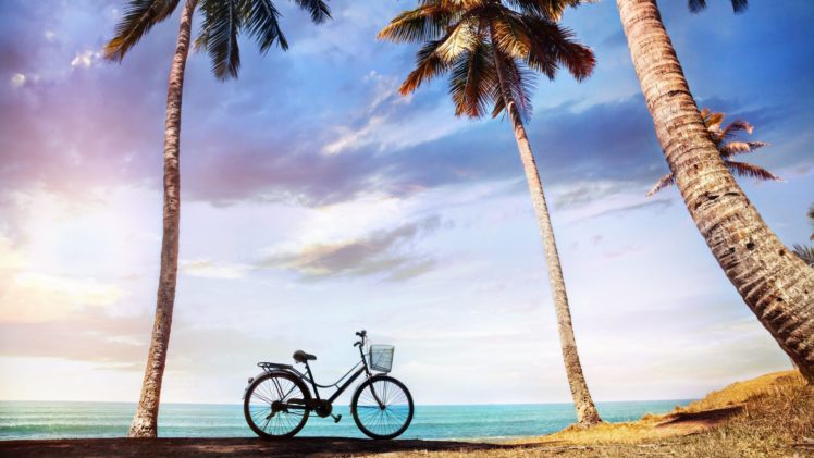 , Nature, Landscape, Beauty, Beach, Blue, Sunset, Sky, Clouds, Rocky, Bike HD Wallpaper Desktop Background