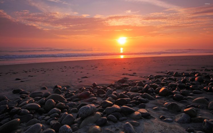 sunset, Over, Ocean, Water, Sand, Rock, Sky, Beache HD Wallpaper Desktop Background
