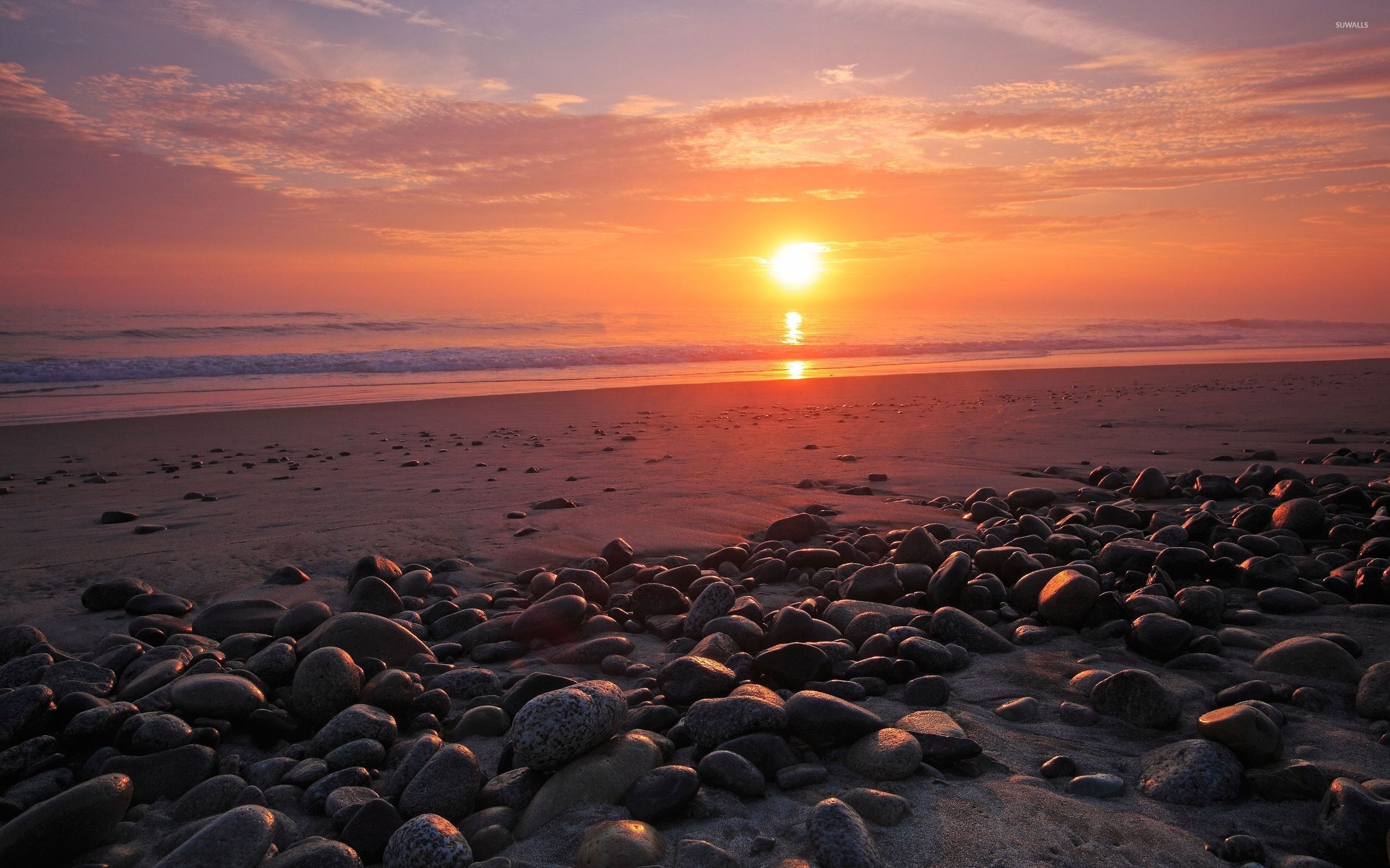 sunset, Over, Ocean, Water, Sand, Rock, Sky, Beache Wallpaper
