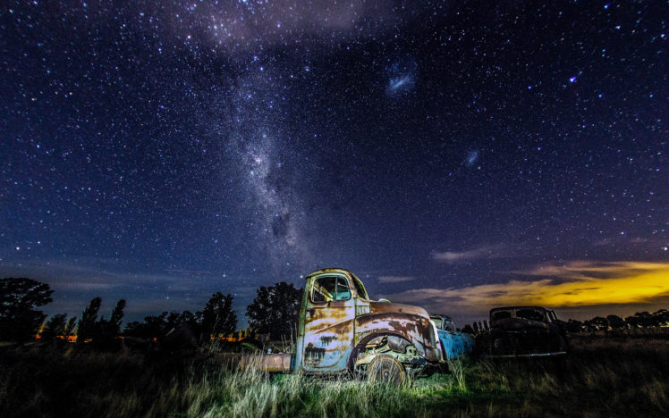 stars, Night, Galaxy, Milky, Way, Trucks, Abandon, Deserted, Classic, Car, Classic, Truck, Ruins, Decay, Sky HD Wallpaper Desktop Background