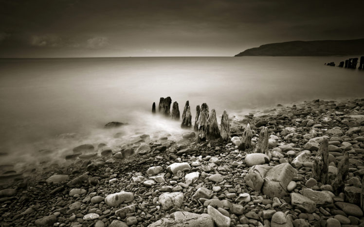 beach, Shore, B w, Ocean, Rocks, Stones HD Wallpaper Desktop Background