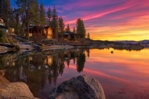 landscape, Lake, House, Rocks, Sunset, Sky, Clouds, Lake, Tahoe, United, States