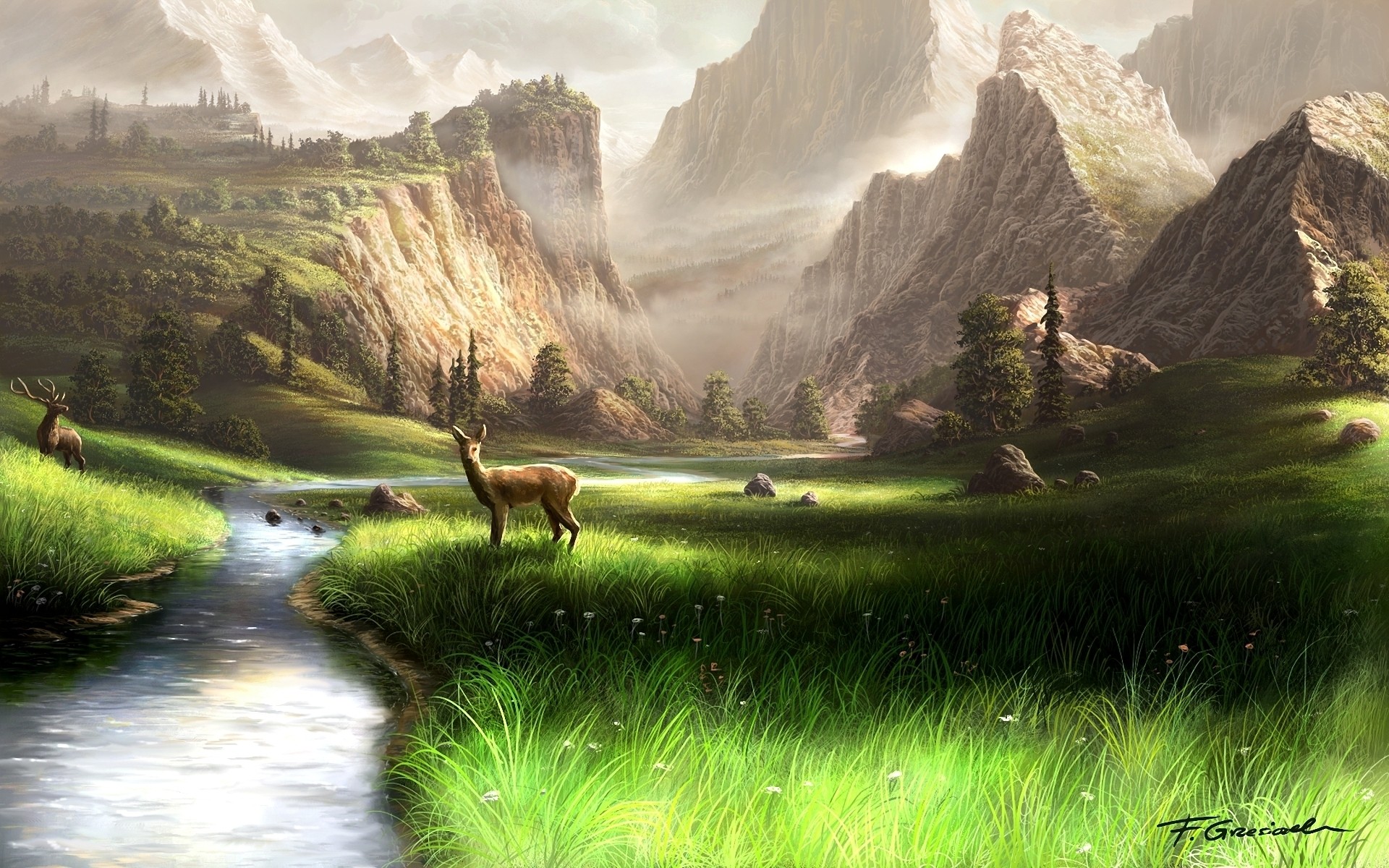 mountains, Landscapes, Animals, Fields, Deer, Artwork, Rivers