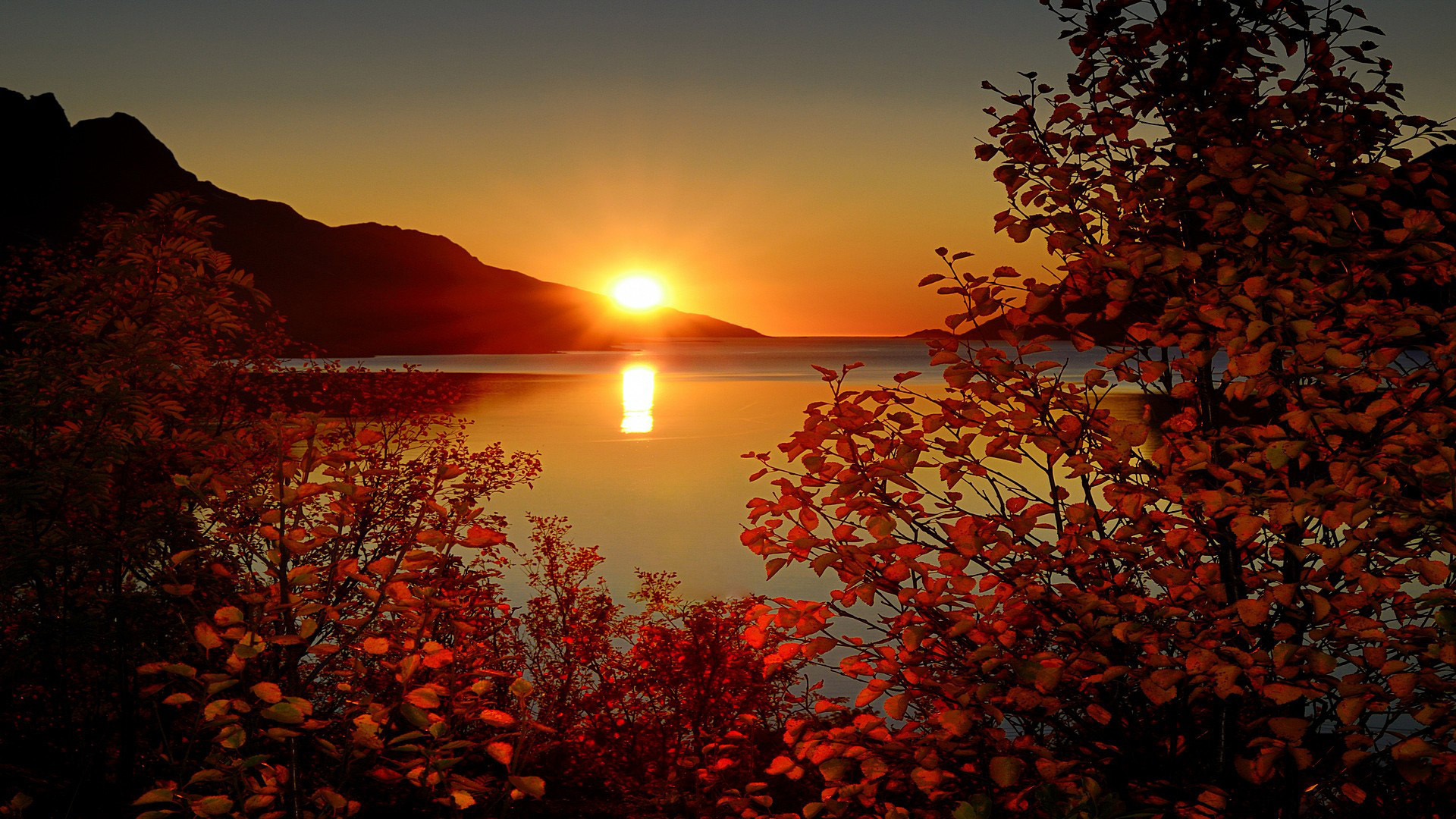 landscape, Nature, Mountains, Lake, Trees, Leaves, Sun, Sunset, Reflection Wallpaper