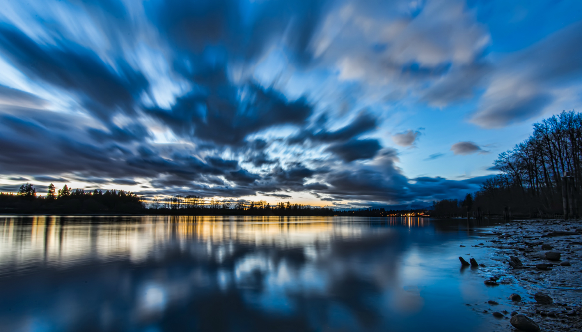canada, British, Columbia, Lake, Water, Surface, Shore, Trees, Evening, Sunset, Sky, Clouds, Reflection, Blue Wallpaper