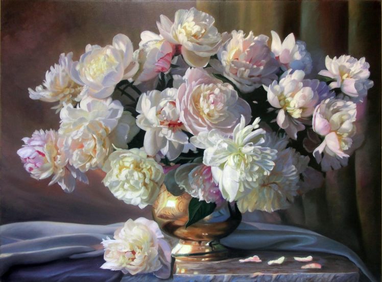 flowers, Zbigniew, Kopania, Painting, Still, Life, White, Peonies HD Wallpaper Desktop Background