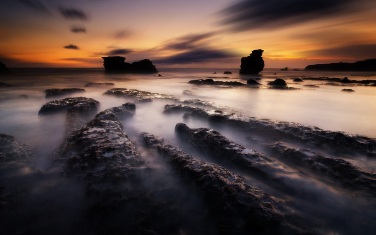 rocks, Stones, Ocean, Sunset HD Wallpaper Desktop Background