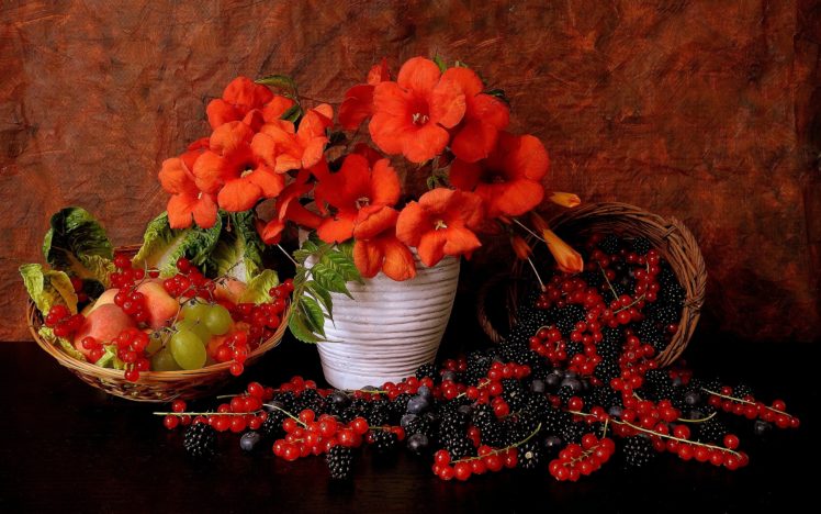flowers, Berries, Red, Currants, Blackberries, Grapes, Still, Life HD Wallpaper Desktop Background