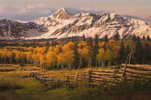 san, Juan, Range, Painting, Autumn, Landscape, Forest, Autumn, Mountains, Snow, Birch, Trees, Fence