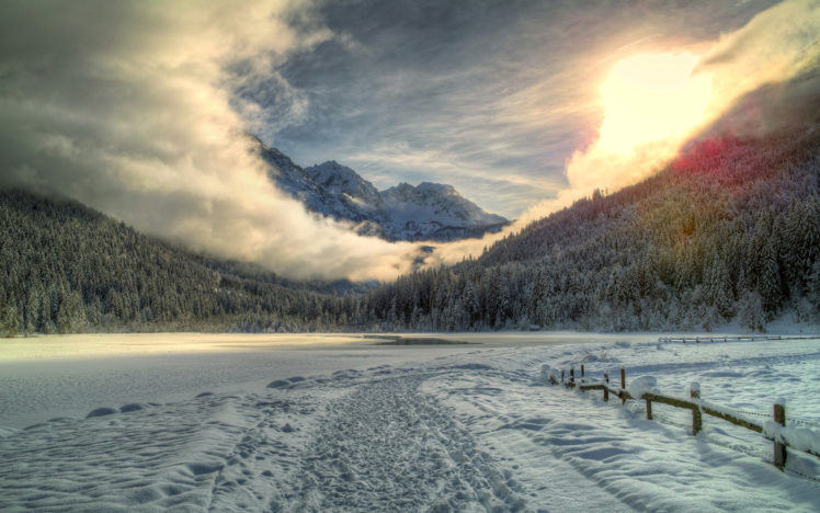 winter, Snow, Mountains, Forests, Lakes, Roads, Fences, Signs HD Wallpaper Desktop Background