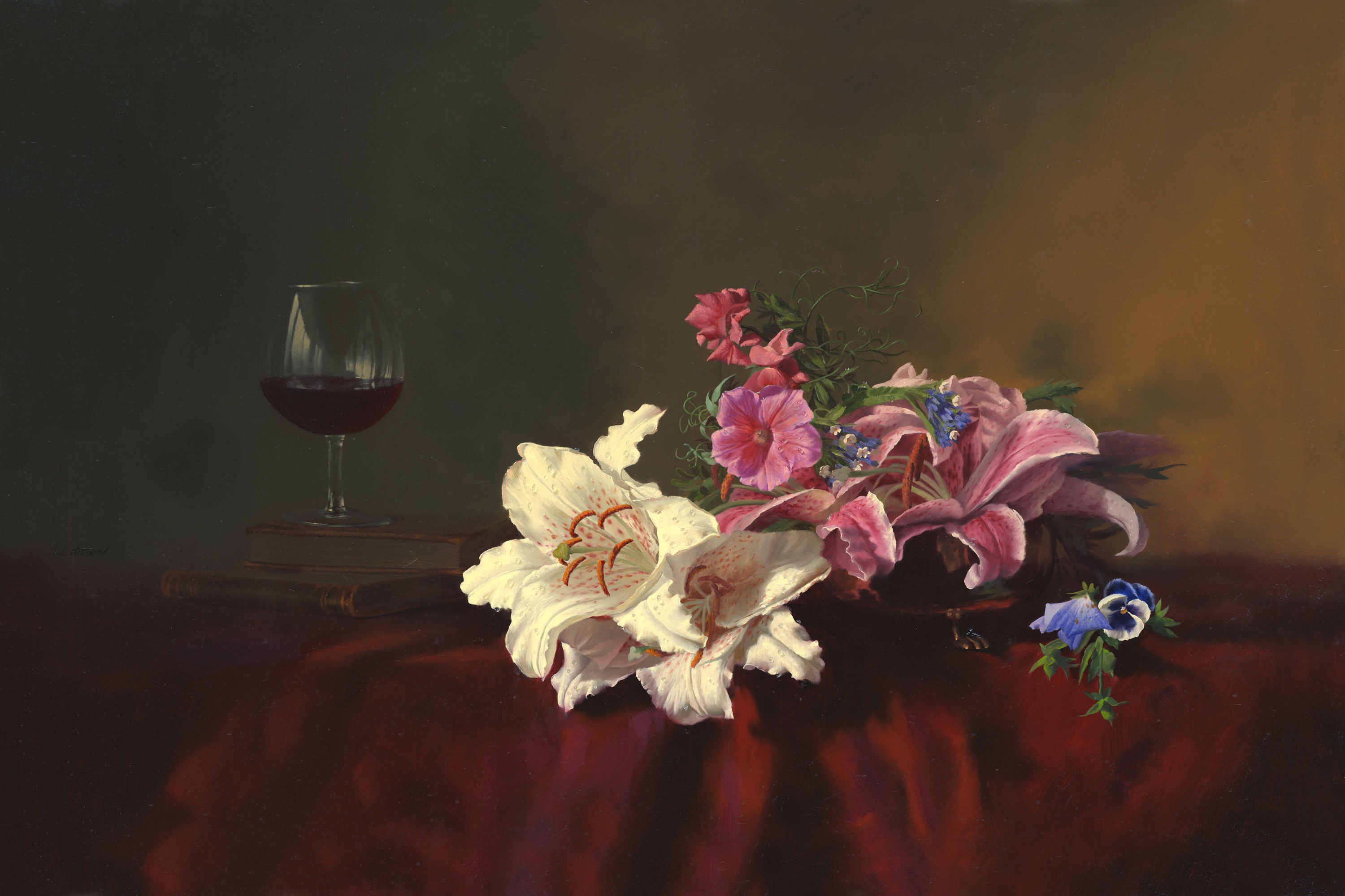 painting, Still, Life, Alexei, Antonov, Flowers, Lilies, Books, Glass, Wine, Table, Tablecloth Wallpaper