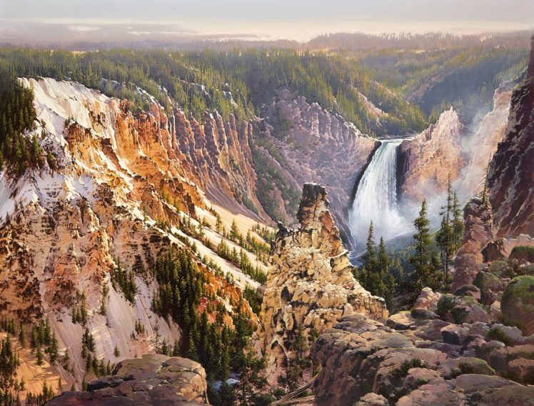 bruce, Cheever, Falls, Yellowstone, Painting, Nature, Mountain, Mountains, Waterfall HD Wallpaper Desktop Background