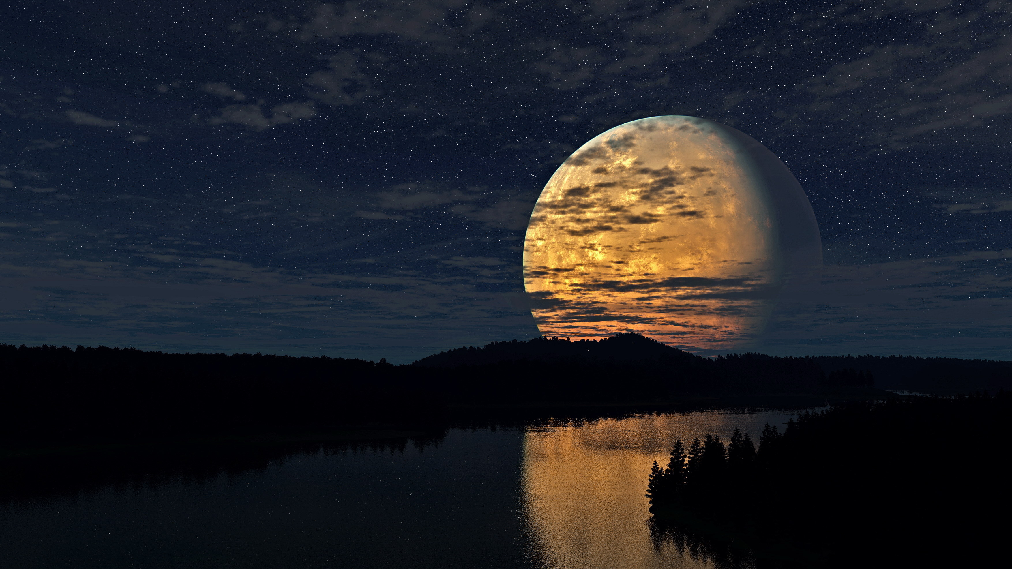 forest, Sky, Light, Clouds, Stars, Moon, Night, River, Reflection Wallpaper