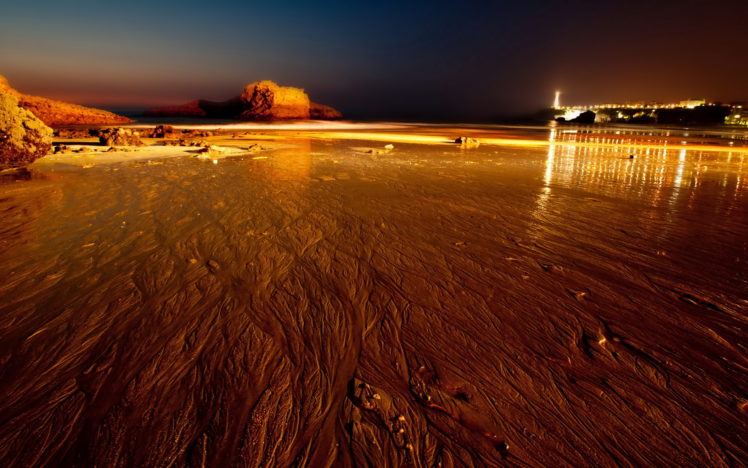 beach, Reflection, Lights, Night, Ocea, Sea HD Wallpaper Desktop Background
