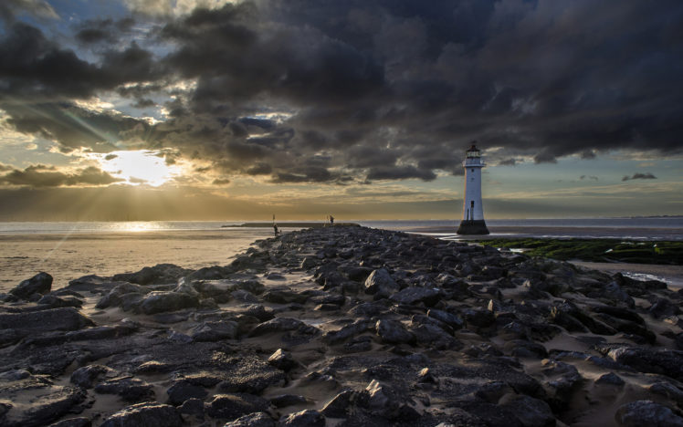 lighthouse, Sunlight, Rocks, Stones, Beach, Clouds HD Wallpaper Desktop Background