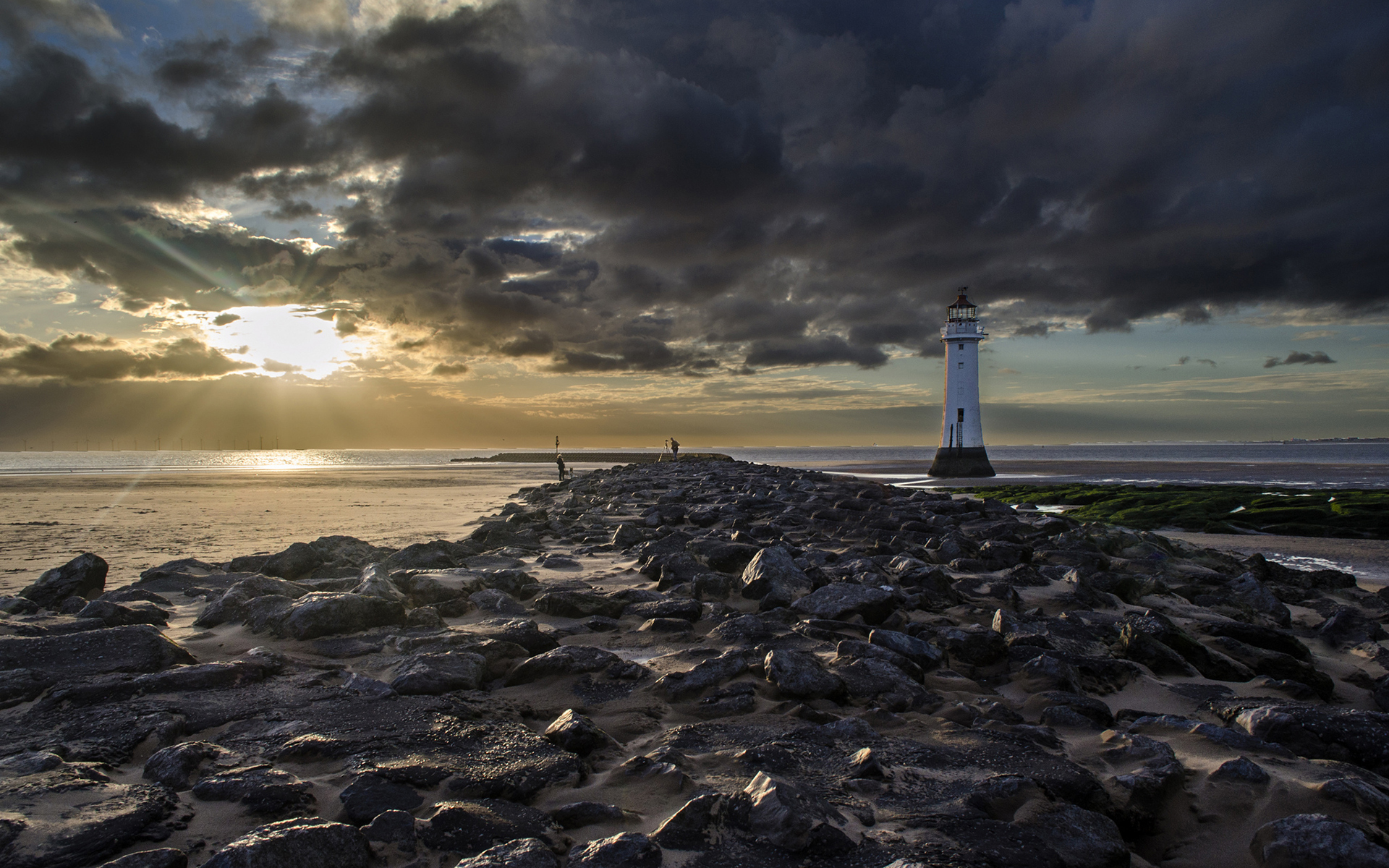 lighthouse, Sunlight, Rocks, Stones, Beach, Clouds Wallpaper