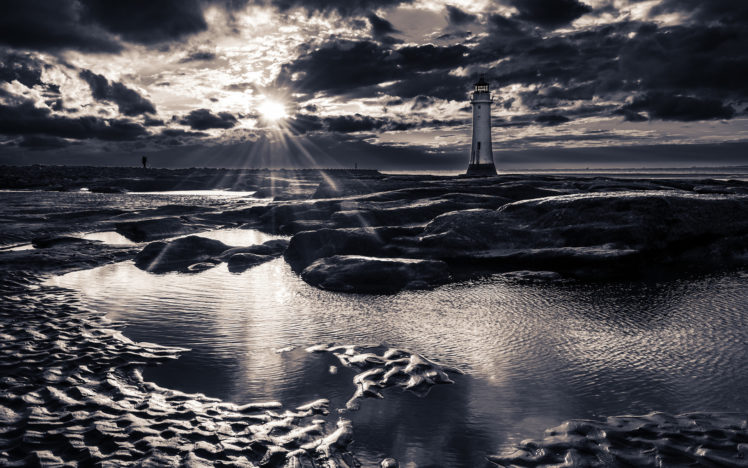 sunlight, Clouds, Lighthouse, Beach, Rocks, Stones, B w HD Wallpaper Desktop Background