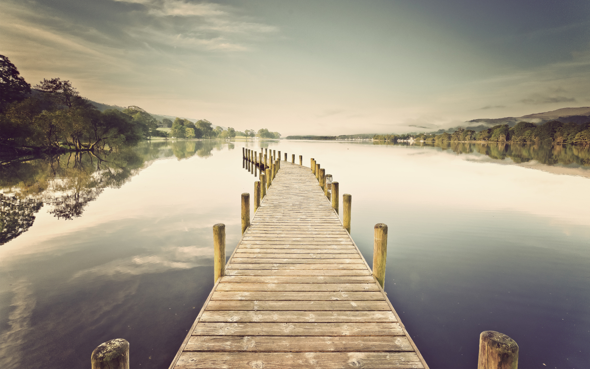 lake, Pier, Wharf, Boards, Sun, Trees, Clouds, Surface, Reflection Wallpaper