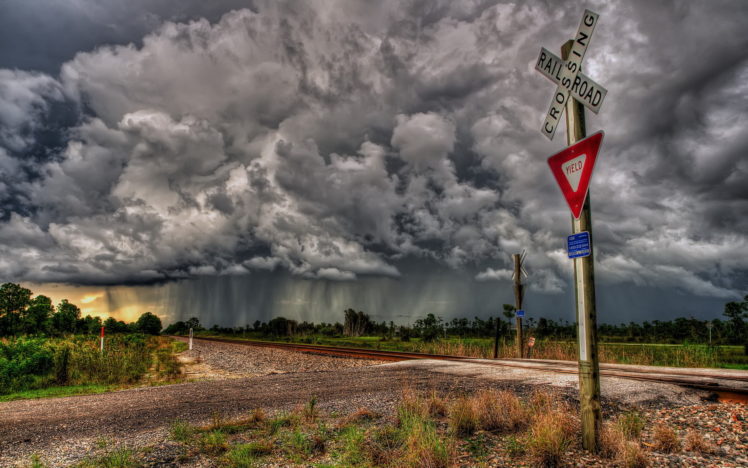 railroad, Sign, Crossing, Train, Sky, Storm, Rain, Hdr, Clouds HD Wallpaper Desktop Background