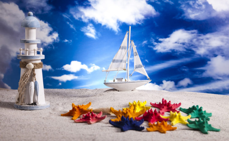 sky, Sailing, Boats, Lighthouse, Starfish, Toys, Clouds, Sand, Beach, Bokeh, Summer HD Wallpaper Desktop Background