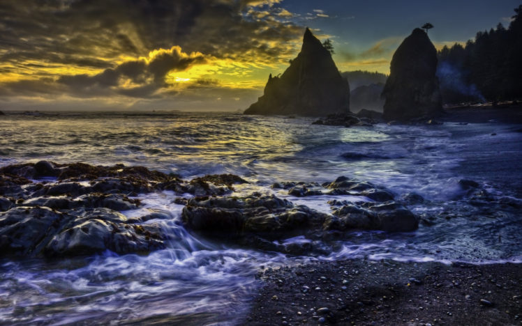 beach, Rocks, Clouds, Sunset, Sea, Ocen, Sky, Clouds, Hdr, Shore HD Wallpaper Desktop Background