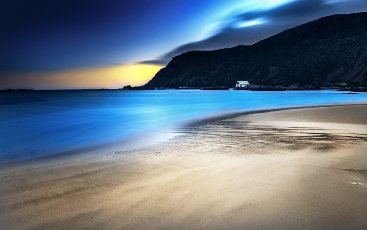 ocean, Landscapes, Nature, Coast, Beach, Dawn, Sea, Hills, Norway, Calm, Shack HD Wallpaper Desktop Background