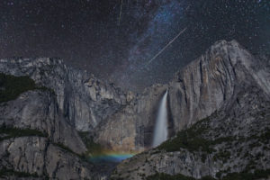 waterfall, Asteroids, Timelapse, Cliff, Mountains, Stars, Rainbow