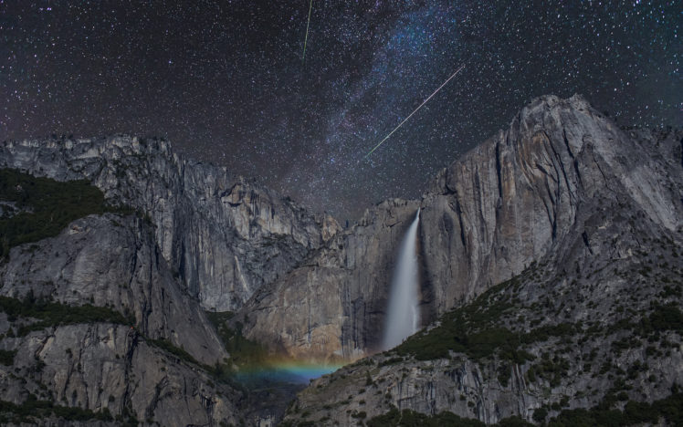 waterfall, Asteroids, Timelapse, Cliff, Mountains, Stars, Rainbow HD Wallpaper Desktop Background