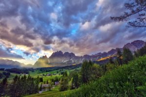 mountains, Clouds, Landscapes, Nature, Trees, Forest, Houses, Blue, Skies