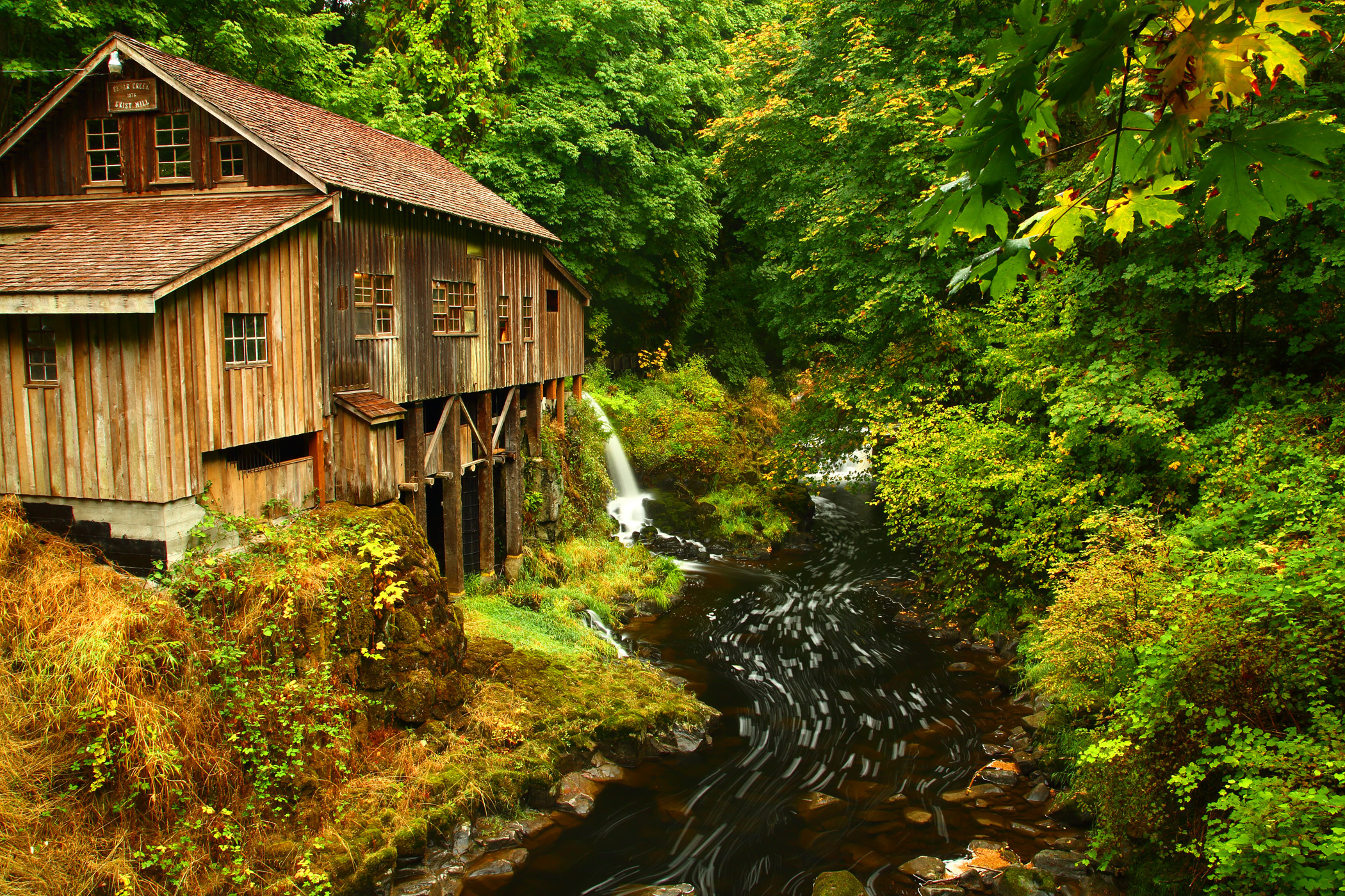 cedar, Creek, Grist, Mill, Autumn, River, Stream, Forest, House, Building, Fall Wallpaper
