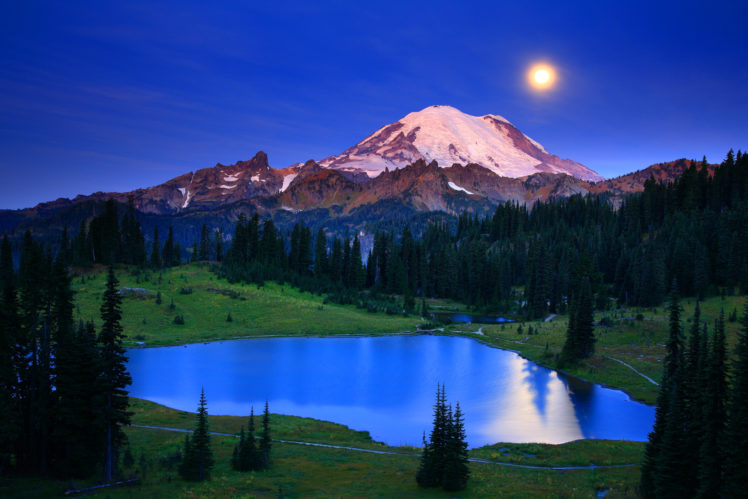 washington, Lake, Mountains, Landscape, Moon, Moonlight, Night, Reflection HD Wallpaper Desktop Background