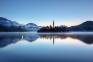 water, Mountains, Nature, Trees, Forest, Hills, Fog, Church, Slovenia, Lakes